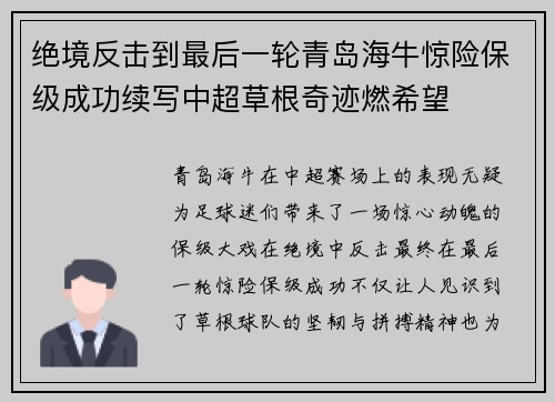 绝境反击到最后一轮青岛海牛惊险保级成功续写中超草根奇迹燃希望